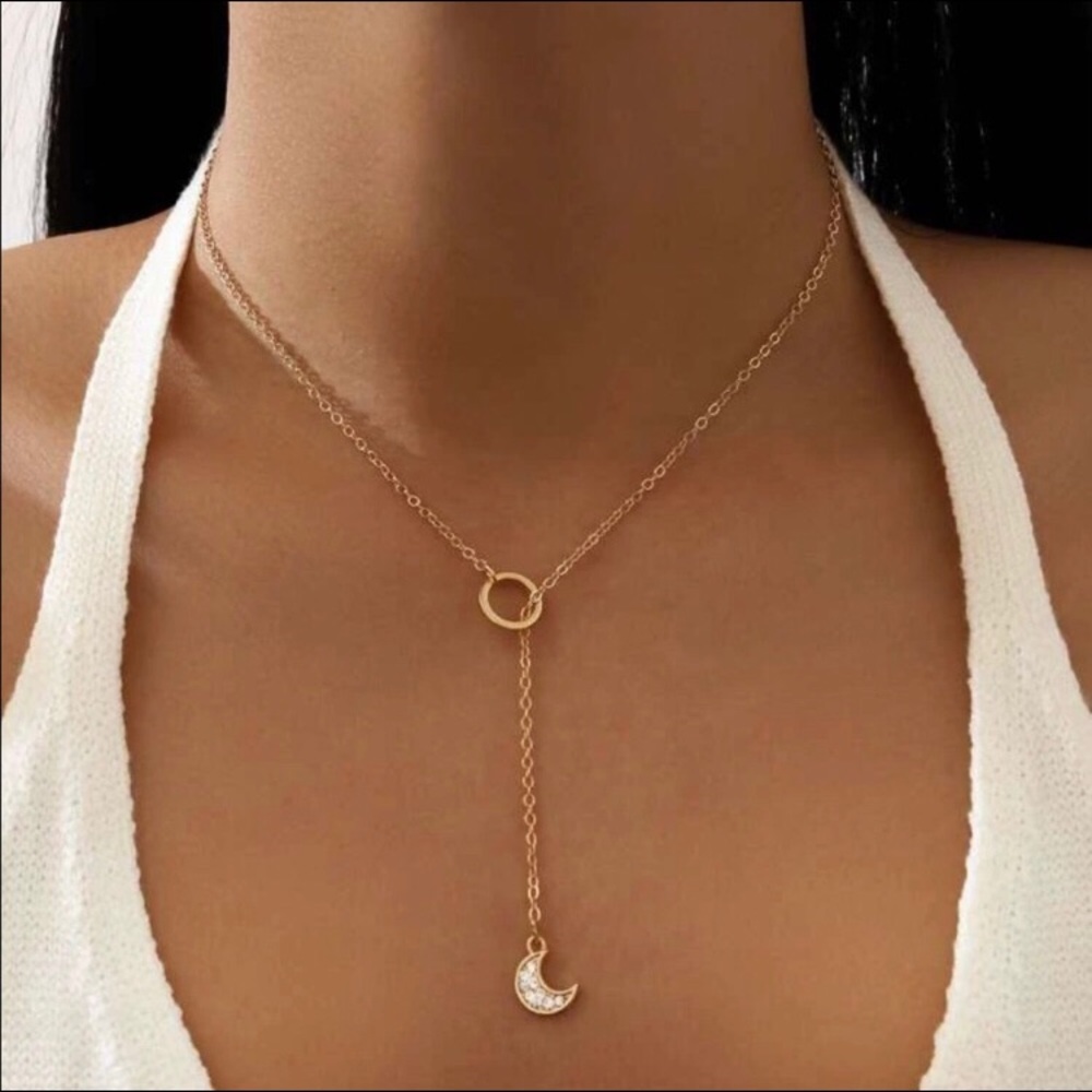 Dainty Delicate Rhinestone Moon Necklace BOHO